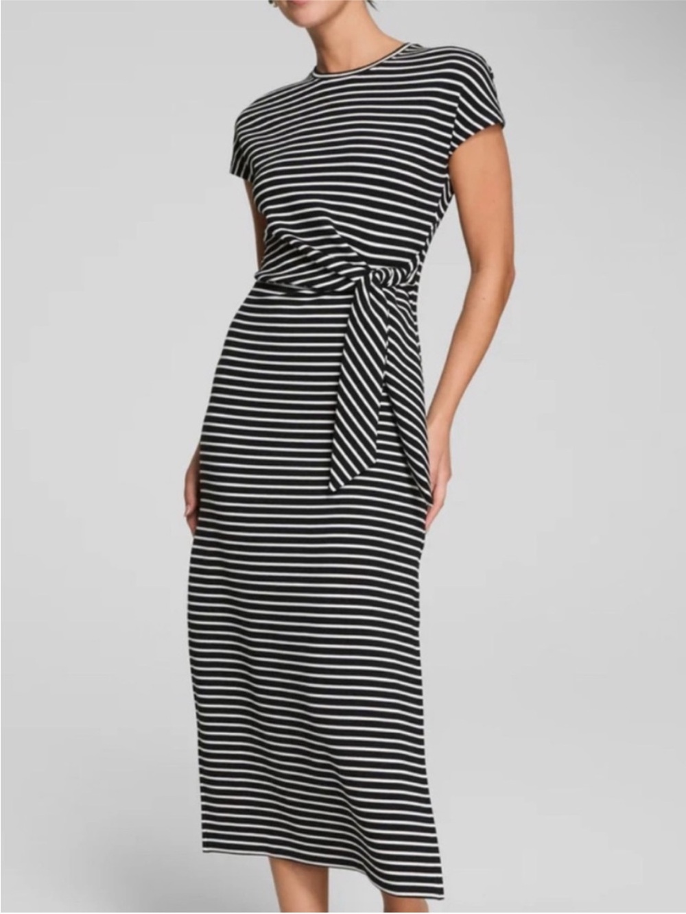 Spanx Air Essentials Striped Knot Side Midi Dress Short Sleeve Stretch Modal